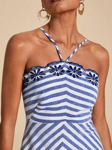 Travachic Embroidered Striped Casual Dress - Blue and White - View 9