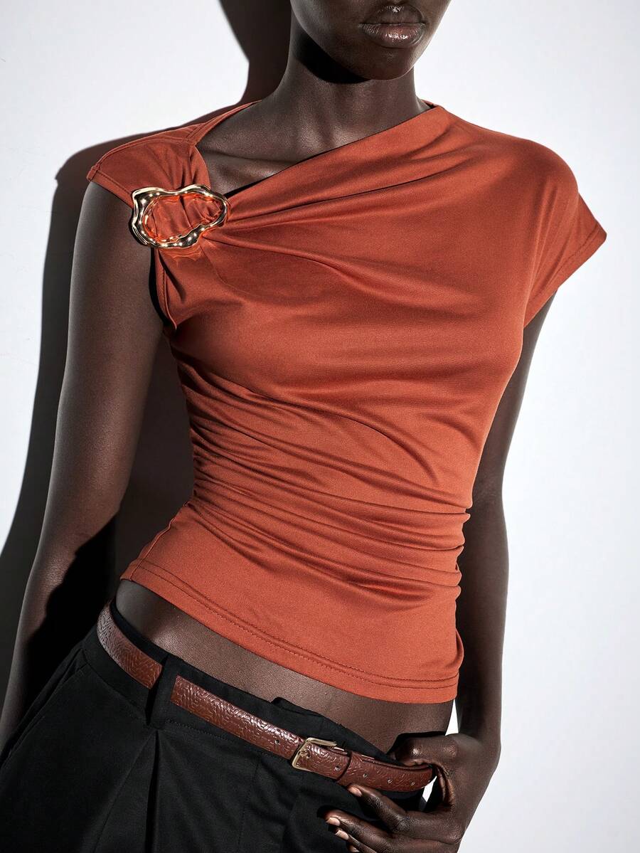 Lumivelle Women's Summer Metal Buckle Decor T-Shirt, Waist Ruched Slim Fit Casual Sexy Daily Night Out Party Rusty Orange