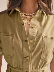 Aralina Bộ jumpsuit denim mùa hè/đông/thu với chi tiết vàng, phù hợp cho trang phục đi nhạc đồng quê mùa thu, phong cách Y2K Stockholm, thời trang đường phố. - Xám - Xem 3