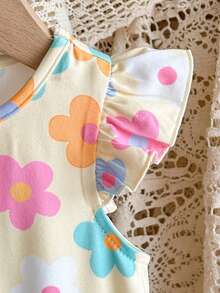 Cozy Pixies Baby Girls Pale Yellow Floral Print Knit Dress,Cute Summer Vacation Holiday Cap Sleeve Casual Elastic Dress,Bohemian Party Style,Spring Trip Outfit - Multicolor - View 9