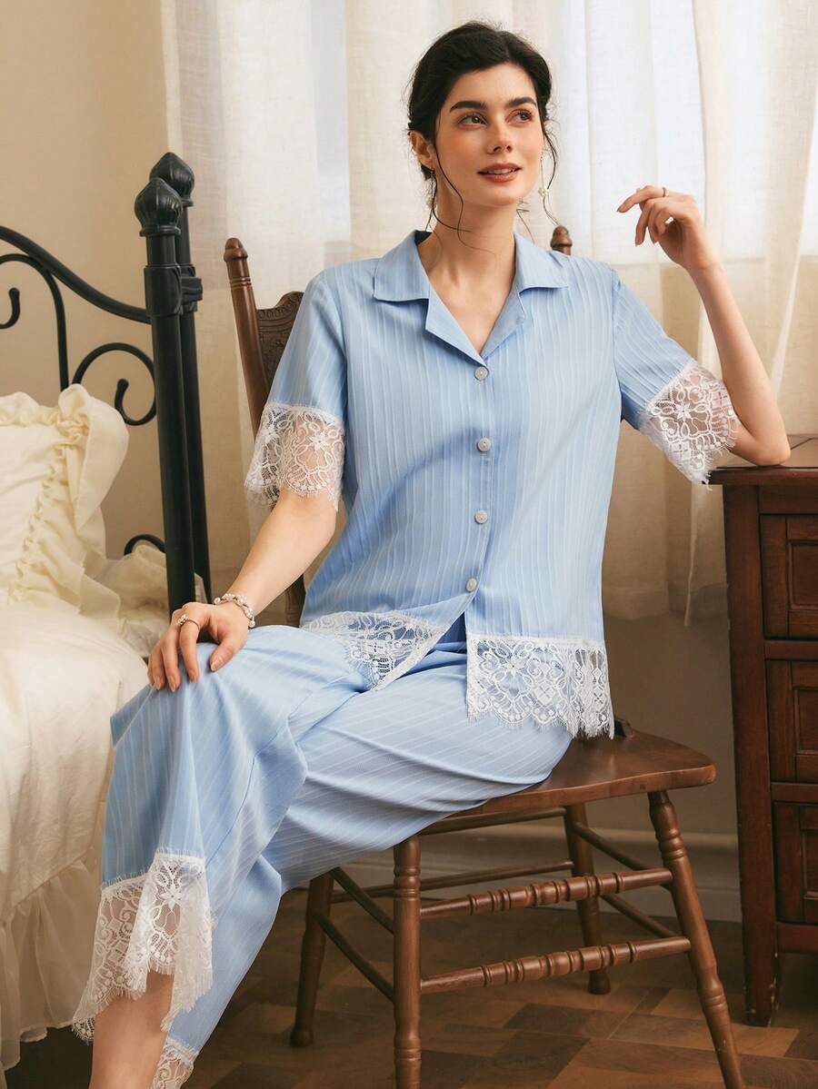 Côtesoire Women's Contrast Color Lace Patchwork Short Sleeve & Long Pants Striped Textured Woven Pajama Set - Blue - View 1