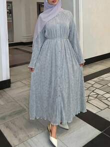 Solavon Stylish Women Pleated Texture Long Maxi Dress With Belt Casual Button Front A Line Dress For Everyday Wear - Baby Blue - View 9