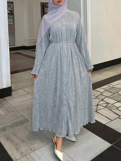Solavon Stylish Women Pleated Texture Long Maxi Dress With Belt Casual Button Front A Line Dress For Everyday Wear