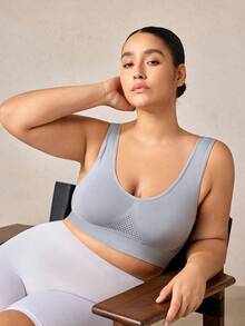 Veilyse 1pc Plus Size Women Breathable Mesh Hollow Out Wirefree Bra, Comfortable Lingerie - Grey - View 7