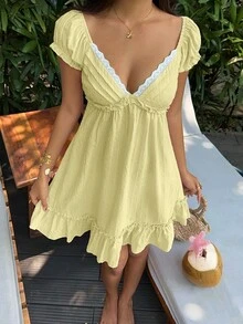 Sunnyshic 女士蕾丝拼接深V领短袖夏季连衣裙 - 黃色 - 查看 3