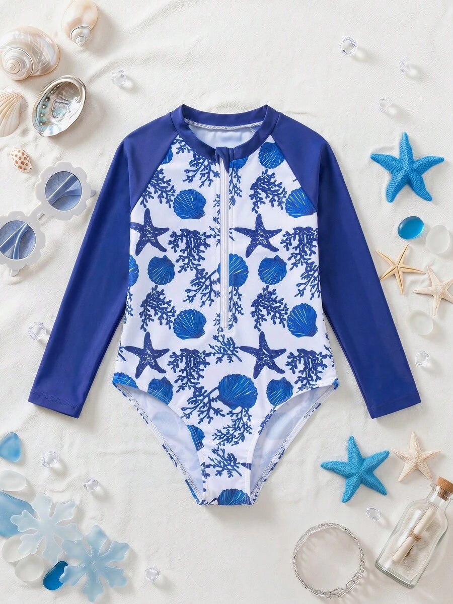 SHEIN 女童无袖海星印花连体泳衣 - 彩色 - 查看 1