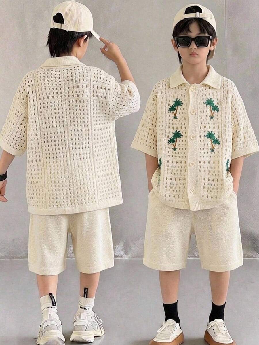 2pcs Tween Boy Casual Vacation Palm Tree Crochet Texture Polo Collar Cardigan And Shorts Set, Comfortable & Versatile - Apricot - View 1