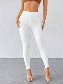 SHEIN PETITE CURVE Quần legging co giãn màu trơn cỡ lớn, thích hợp mặc hàng ngày, mùa đông, mùa xuân, ngày Valentine, làm từ chất liệu PU, thích hợp cho trang phục lễ hội, tiệc tùng, đi làm, văn phòng, lễ tốt nghiệp và các dịp khác. - trắng - Xem 5