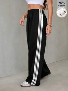 SHEIN Tall Quần ống rộng dệt kim cotton thường ngày cho nữ, màu đen với sọc trắng - màu đen - Xem 7