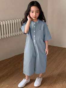 Dazy Kids 女童純色休閒短袖連身褲 夏季款 - 藍色 - 查看 6