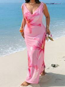 GalTyme Plus Size Floral Print Draped Fitted Summer Sleeveless Dress - Pink - View 4