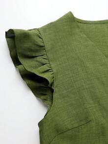 SHEIN Holidaya 女士新品：优雅性感，适合办公室、度假、海滩、通勤、浪漫约会、派对、生日派对、音乐会、情人节和嘉年华等场合。女士夏季新款V领荷叶边下摆宽松A字绿色竹麻短裙，绿色连衣裙，V领连衣裙，荷叶边下摆，荷叶边袖连衣裙，吊带连衣裙，女士度假连衣裙，女士可爱连衣裙，女士夏季连衣裙 - 綠色 - 查看 6