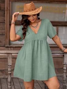 Nubod Plus Size Women's Elegant V-Neck Textured A-Line Short Sleeve Dress, Suitable For Commuting In Summer - Green - View 7