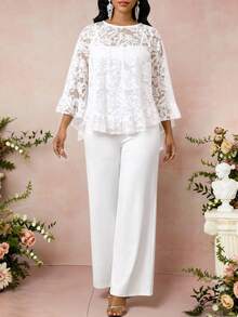 SHEIN Lady Women's Solid Color Lace Patchwork Round Neck Long Sleeve Top And Pants 2-Piece Set Holiday Outfits For Women Elegant Women's Set - White - View 3