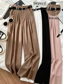 SHEIN Franclia Pantalones anchos casuales y sueltos con bolsillos para mujeres, con decoración de cinturón en la cintura, diseñados para mujeres, adecuados para negocios, oficina, uniforme de maestro, uso casual versátil de moda, pantalones anchos para ir y venir, aptos para primavera, verano y otoño - Marrón - Ver 5