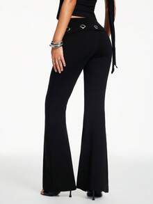 Nooralise Women's Trashy Girlisim Y2k Pastal Autumn Night Golf Flare Leg Pants, Metal-Decorated Waist Fold Eyelet Design Slim-Fit Solid Color Edgy Chic Urban - Black - View 3