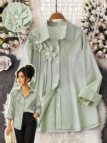 GlowEve CURVE 大码女式休闲宽松条纹翻领3D立体花卉装饰纽扣长袖衬衫，通勤百搭 - 綠色 - 查看 1