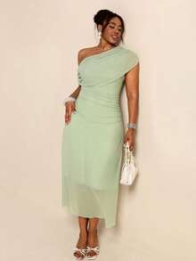 Elaquor Robe tricotée grande taille printemps/été, nouvelle, élégante, à épaule asymétrique, manches courtes, taille plissée, décontractée et polyvalente pour le port quotidien - Vert - Voir 6