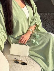 Yasmyna Mint Green Pleated 3/4 Sleeve Floral Decor Women's Abaya - Green - View 3