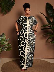 Maweii Plus Size Women's Summer Graphic Print Elastic Fabric Dress, Elegant Summer Outfit, Suitable For Vacation, Birthday, Beach, Carnival - Apricot - View 4