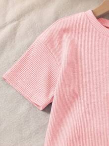 SHEIN LMoss Kids 两件套女童针织纯色圆领宽松T恤和修身短裤套装 - 粉色 - 查看 6