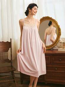 Côtesoire Women's French Elegant Romantic Lace Patchwork Comfortable Loose Knit Camisole Nightgown - Baby Pink - View 3