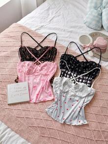 SweetSlumber Women's INS Sweet Bow Heart Striped Plaid Leopard Print Patchwork Contrast Color Lace Camisole Knit Cropped 4-Piece Pajama Set - Multicolor - View 6