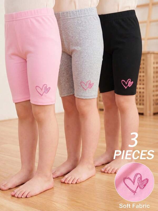 3件組女童幼兒春夏時尚極簡愛心印花素色針織打底褲，彈性面料百搭紋理短褲與打底褲，適合外出穿著