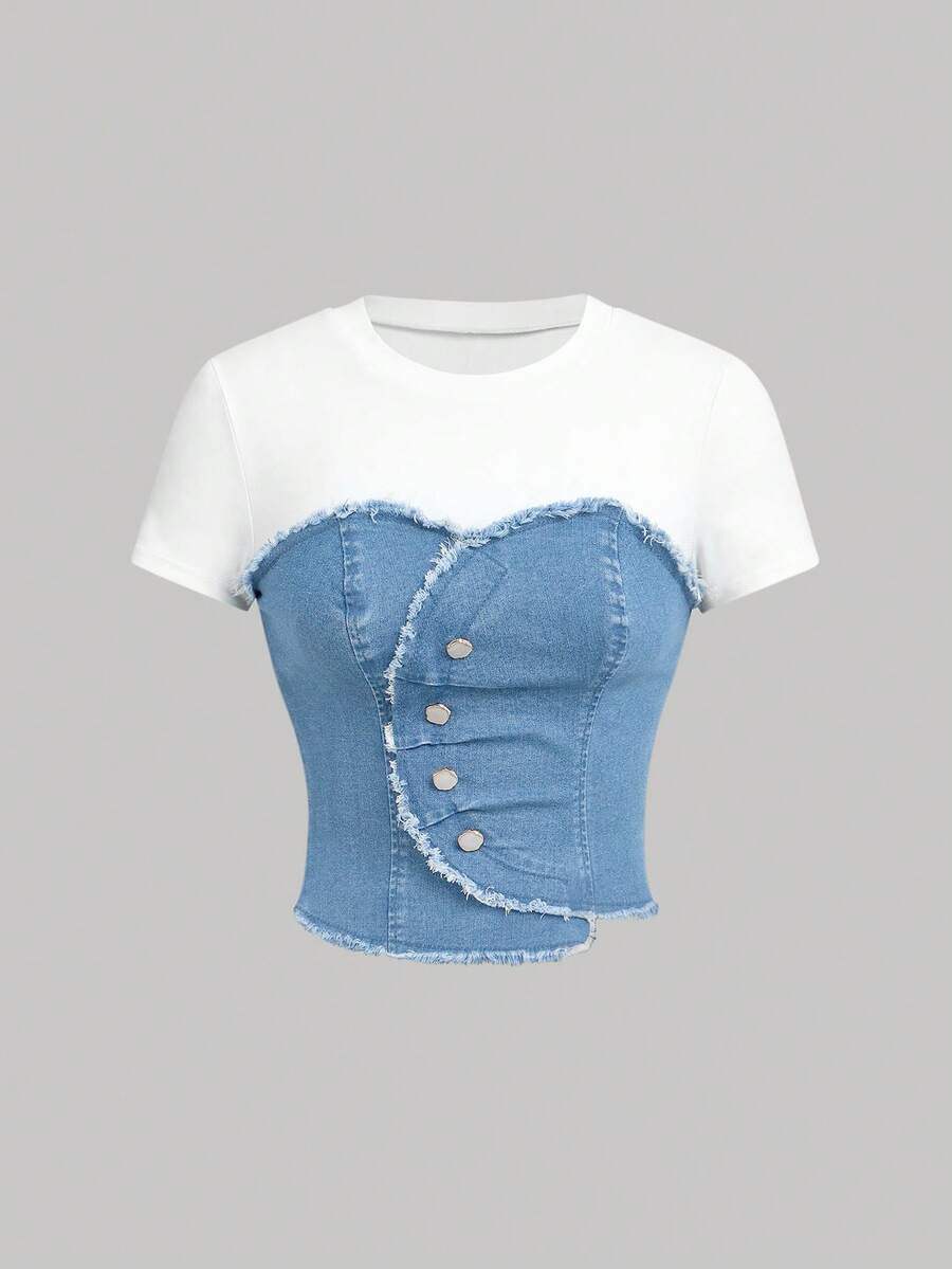 SHEIN MOD 女款休閒修身彈性牛仔拼接短袖上衣 - 淺色水洗藍 - 查看 1