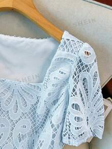 GlowEve CURVE Fashionable Elegant Square Collar Short Sleeve White Hollow Lace Blouse, Spring/Summer Plus Size - Baby Blue - View 4