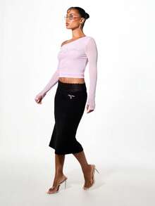 BABYPHAT Chân váy midi bằng vải jersey, cạp thấp, viền ren, dáng ôm sát và điểm nhấn logo. - màu đen - Xem 5
