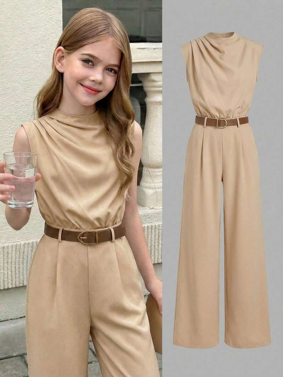SHEIN Serisse Kids 少女優雅無袖繫帶連身褲 卡其色夏季派對穿搭 - 卡其色 - 查看 1