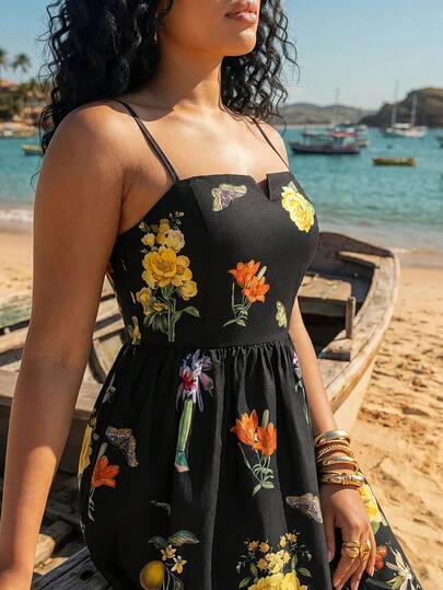 CAJUNI Short Black Cami Dress With A Tropical Flower Print