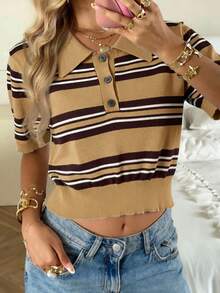 Muchica Regular-Shoulder Short Sleeve Half-Placket Casual Striped Knit Sweater - Camel - View 7