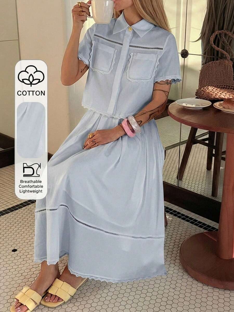 DAZY Spring/Summer Women's Elegant Lace Patchwork Pocket Shirt And Skirt 2 Pieces Set - Blue - View 1