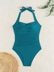 SHEIN Swim Women's Solid Color Ruched Halter One-Piece Swimsuit - Blue - View 4