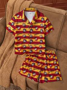 HARRY POTTER X SHEIN Conjunto de pijama con parte superior de manga corta con botones y estampado de bloques de color y rayas, y pantalones cortos para niño preadolescente - Amarillo - Ver 3