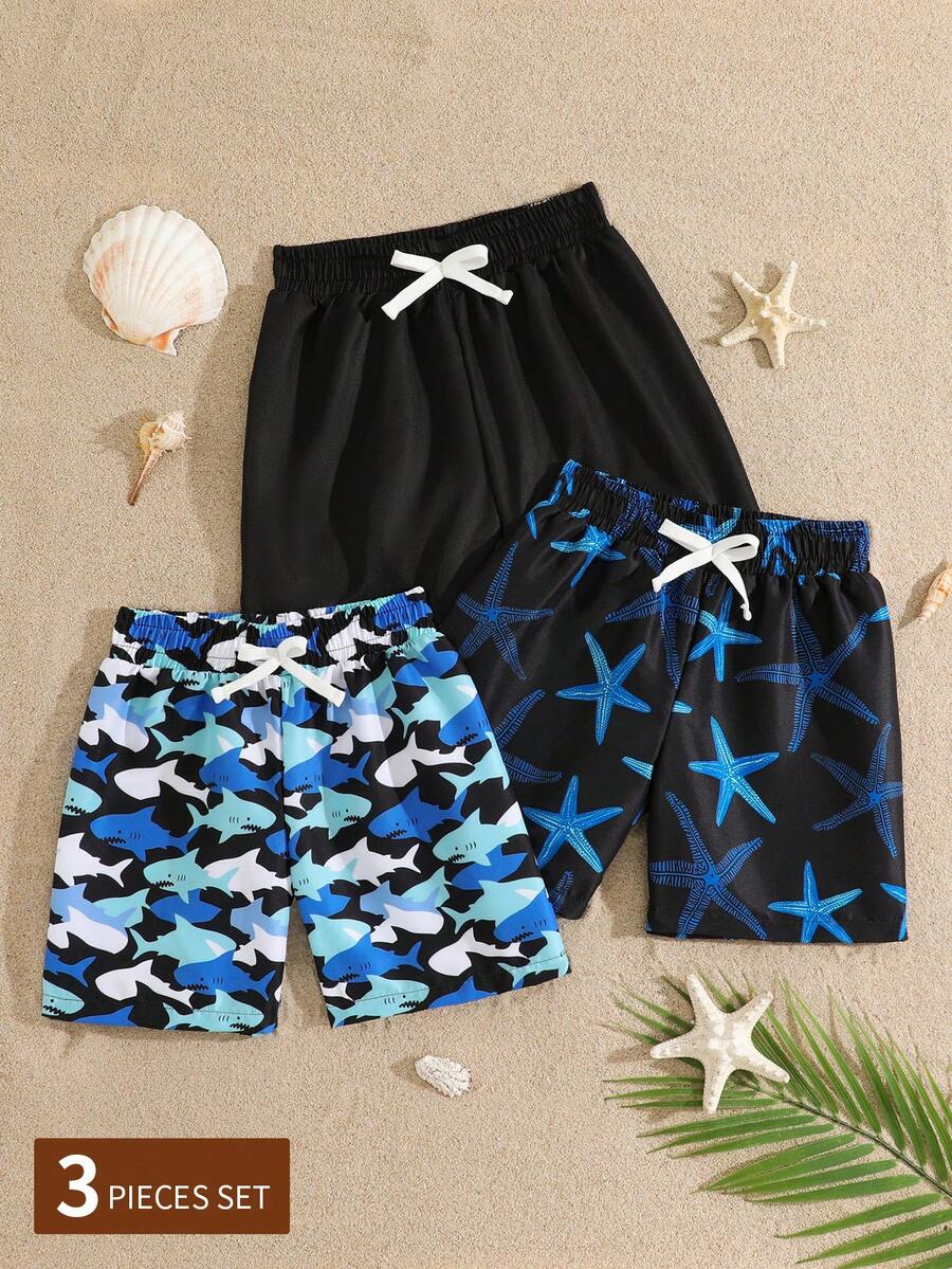3 piezas Pantalones cortos de baño informales con cordón para niños pequeños - Negro - Ver 1