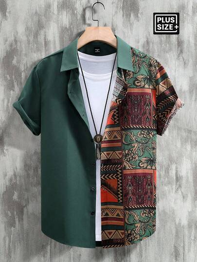 Manfinity Homme Plus Size Men Floral Print Short Sleeve Single-Breasted Casual Shirt