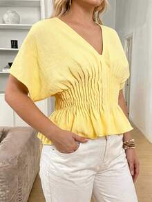 SHEIN LUNE Plus Size Women's Light Yellow V-Neck Blouse, Summer Vacation Elegant - Yellow - View 4