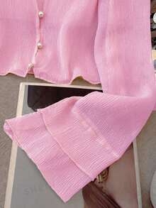 K-Vae Women's Delicate Textured Lightweight Sun Protection Cardigan, Sheer Pearl Button Short Shrug Thin Jacket For Summer - Pink - View 3