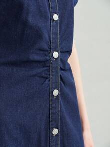 MOTF PREMIUM GAUN DENIM PANJANG PAS BADAN LENGAN SAYAP KELELAWAR UNTUK WANITA MUSIM SEMI/PANAS - Navy Blue - View 6