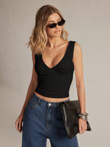 Hauture Blusa de punto con escote cruzado y espalda baja para oficina - Negro - Ver 5