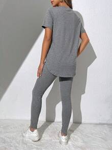 SHEIN Essnce Women's Casual Sports Daily Commute Simple Solid Color Short Sleeve Split Hem T-Shirt And Leggings 2-Piece Set, Spring/Summer,Summer Outfits For Women - Grey - View 2