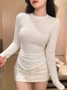 DAZY 不对称设计修身长袖女式T恤 - 白色 - 查看 4