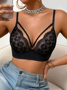 DesireSculpt 1pc Lace Wireless Bra For Women - Black - View 5