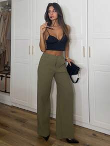 Ronhire Pantalones rectos y sueltos de cintura baja de color liso informal - Verde militar - Ver 4