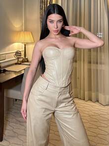 hhfernanda 女士休闲纯色抹胸上衣，鱼骨纹拼接，夏季 - 杏色 - 查看 5