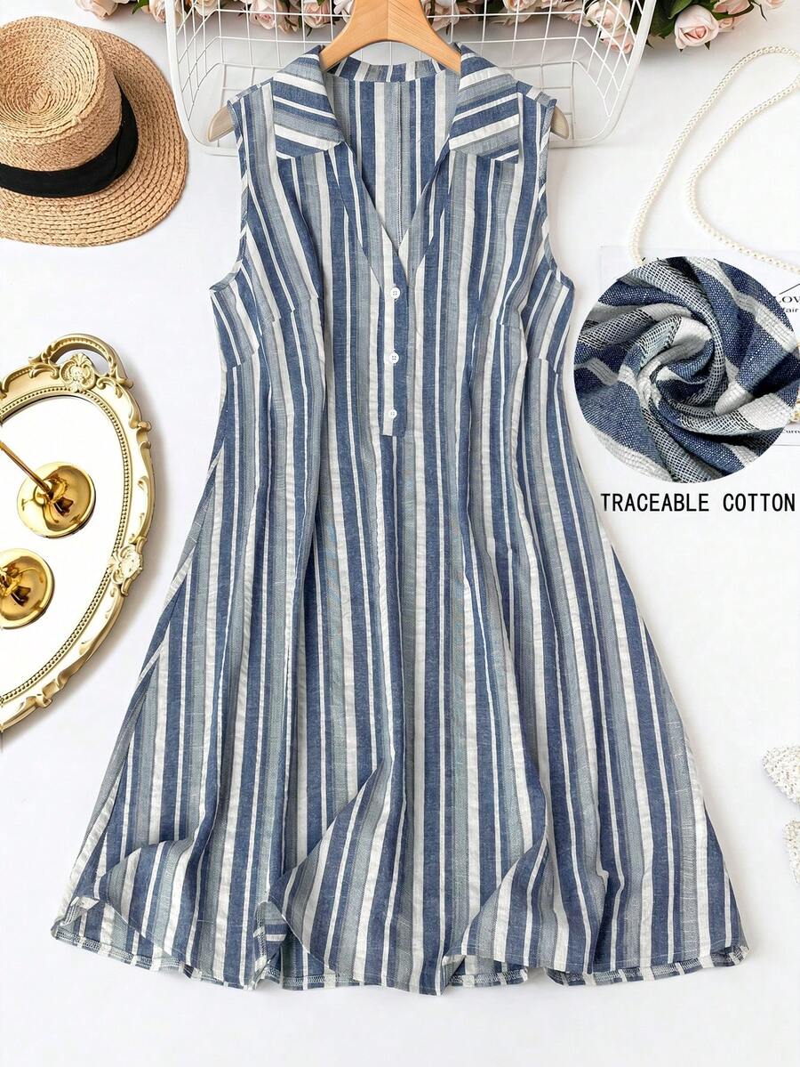SHEIN LUNE Đầm mùa hè dáng rộng, không tay, kẻ sọc, cài nửa thân trước, kiểu dáng thường ngày, đa năng, cỡ lớn. - Màu xanh lam - Xem 1