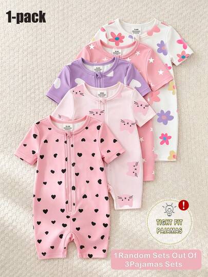 SHEIN Set de 3 piezas de pelele informal para bebé niña, con estampado de estrellas y corazones de colores, suave y elástico, con cierre de cremallera, mono cómodo para verano, ropa de dormir y exterior
